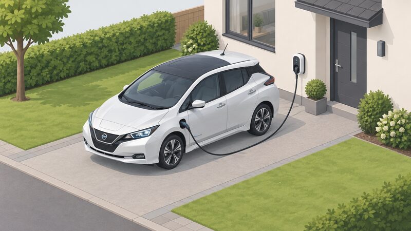 A small isometric figure of a Nissan LEAF-style hatchback parked on a residential driveway, with a charging cable running from its side charge port to a wall-mounted home charge point on the house wall beside the driveway.