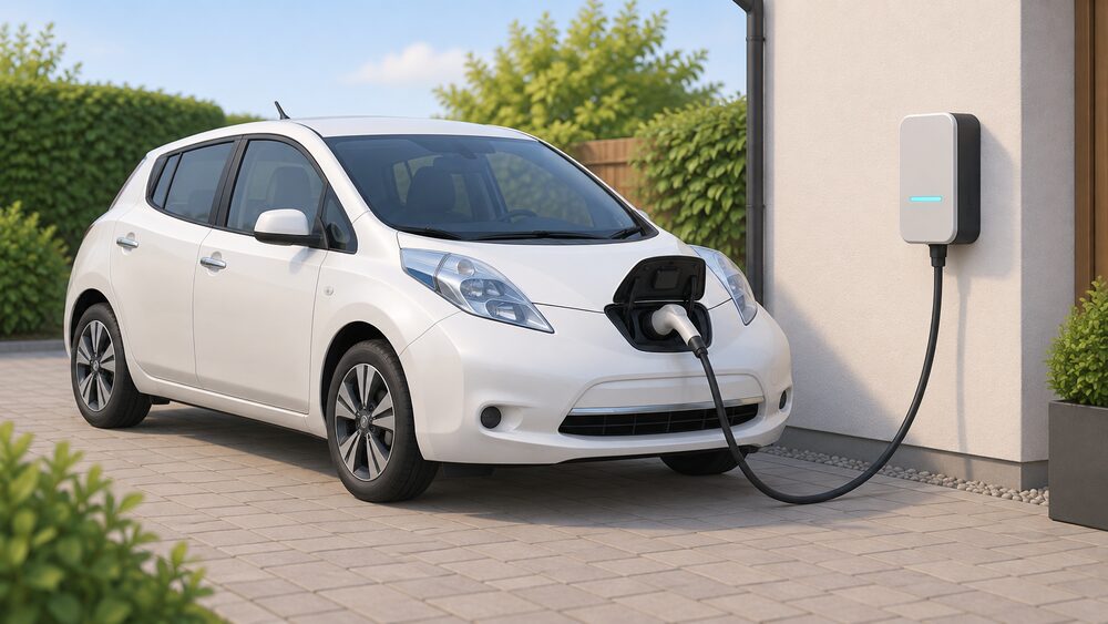 A close-up of a Nissan LEAF hatchback parked on a driveway, its charging cable running from the CHAdeMO port on the car's front to a bidirectional V2G wall-mounted chargepoint on the house wall beside it.