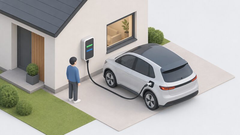 A small isometric figure stands beside a wall-mounted bidirectional EV charger on a house exterior wall, its display showing simple plain colour bands indicating charging and discharging status, with a cable running down towards a parked car.