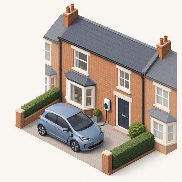 A small electric car parked on the drive outside a simple British terraced home, connected by a charging cable to a domestic V2G charger unit mounted on the exterior wall beside the front door, shown in a plain isometric style.