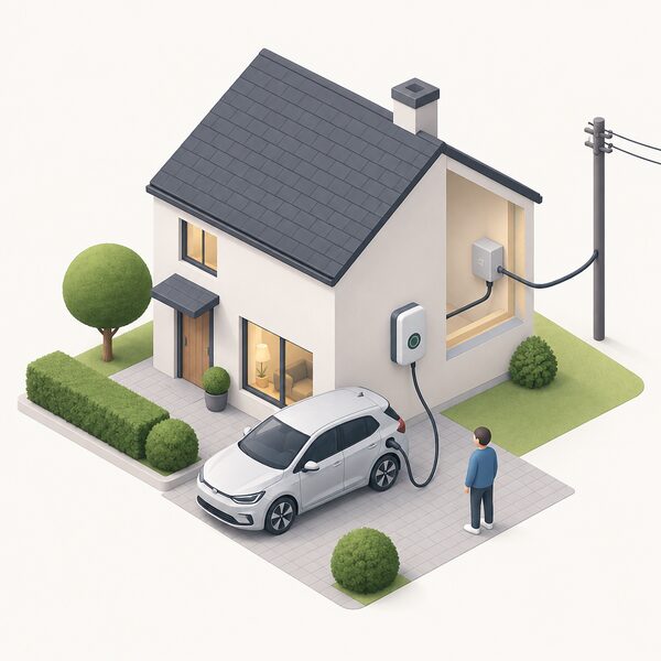 A small isometric house with a bidirectional EV charger unit mounted on its outside wall, a cable running down to a parked electric car on the drive, and a connection point linking the charger into the household's electricity supply.