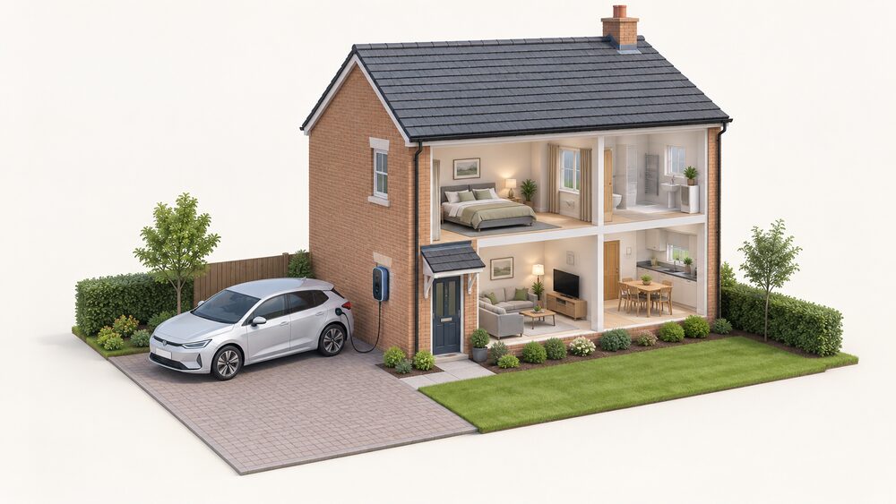 A modest British house with an electric car parked on its driveway, a bidirectional wall charger mounted on the external wall beside the drive, and a charging cable running from the charger to the car's charge port.