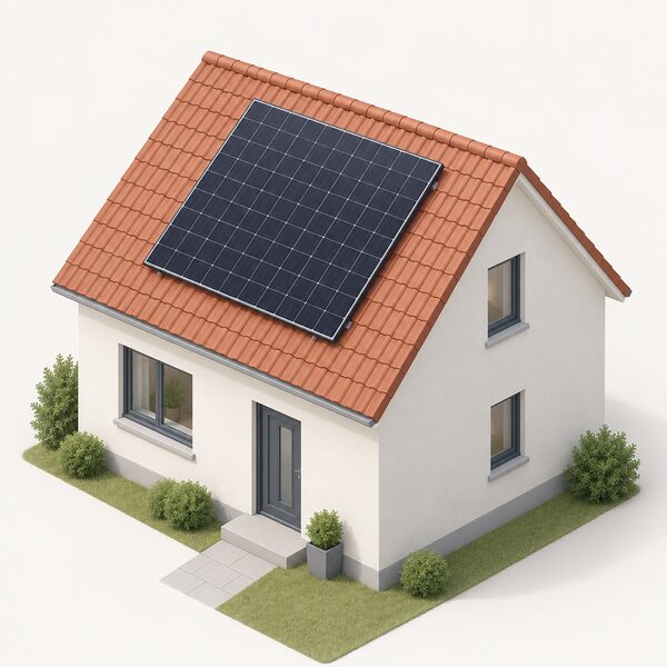 A single large rectangular solar panel mounted flat on the pitched roof of a simple house, drawn as a plain dark panel with a subtle grid of cells, seen from a slightly elevated angle with no other equipment or people.