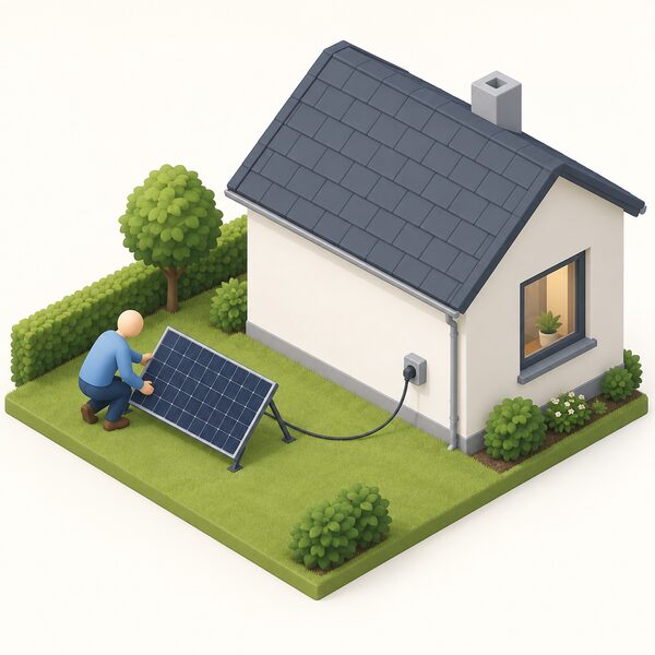 A single plug-in solar panel on a low stand beside the wall of a small house, its cable running to a weatherproof outdoor socket, with a simplified isometric figure positioning the panel in the garden.