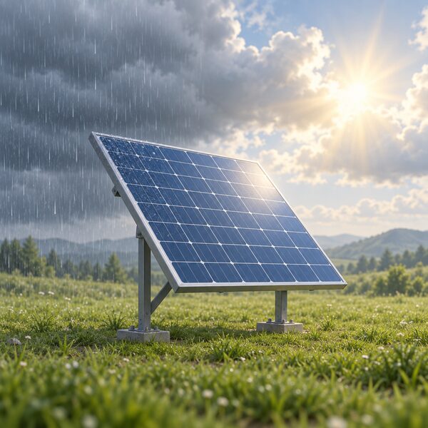 A single solar panel mounted on a stand in an open outdoor setting under a mixed sky, with rain streaks falling on one side and bright sunlight breaking through clouds on the other, conveying long-term exposure to weather over years of service.