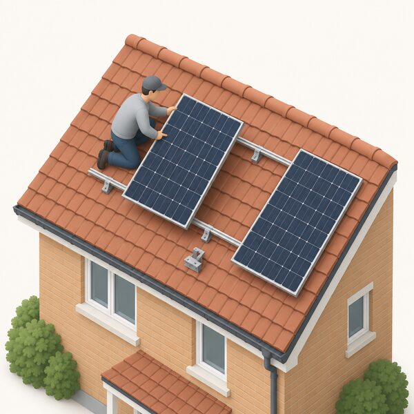 A small isometric installer in plain clothing kneeling on a pitched UK house roof, lifting and positioning a conventional rectangular silicon solar panel onto mounting rails already fixed to the roof tiles, with a second panel and a simple mounting bracket nearby.