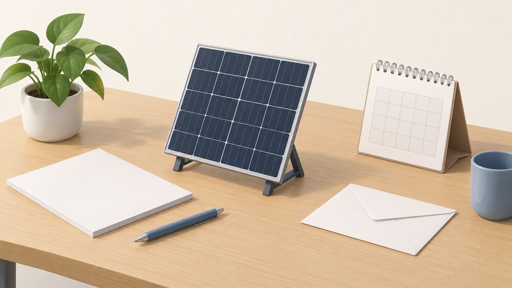 A small model of a dark solar panel stands on a table beside blank paperwork, a plain envelope and a calendar, suggesting a household waiting for a panel that cannot yet be ordered in the UK.