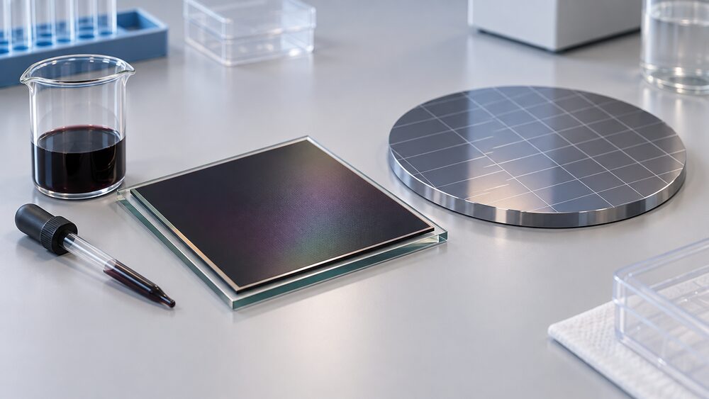 A close-up of a square solar cell lying on a laboratory bench, its thin dark film surface visible, with a thicker crystalline silicon wafer resting beside it and a small glass beaker and dropper nearby suggesting how the thin film is coated on.