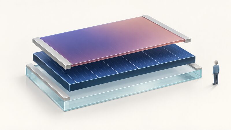 A cutaway diagram of a tandem solar module shown as a simple exploded stack, with a thin perovskite film layer sitting directly above a silicon cell layer, both resting on a glass base with silver electrical contacts at the edges.