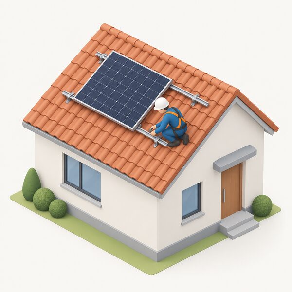 A single solar panel mounted on the tiled roof of a simple house, seen from a slight angle, with a small isometric figure of an installer on the roof securing the panel to its mounting rails.