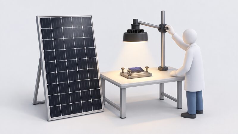 A finished monocrystalline silicon solar panel stands beside a small perovskite-silicon tandem cell mounted on a laboratory bench under a test lamp, with a simplified figure adjusting the lamp over the cell.