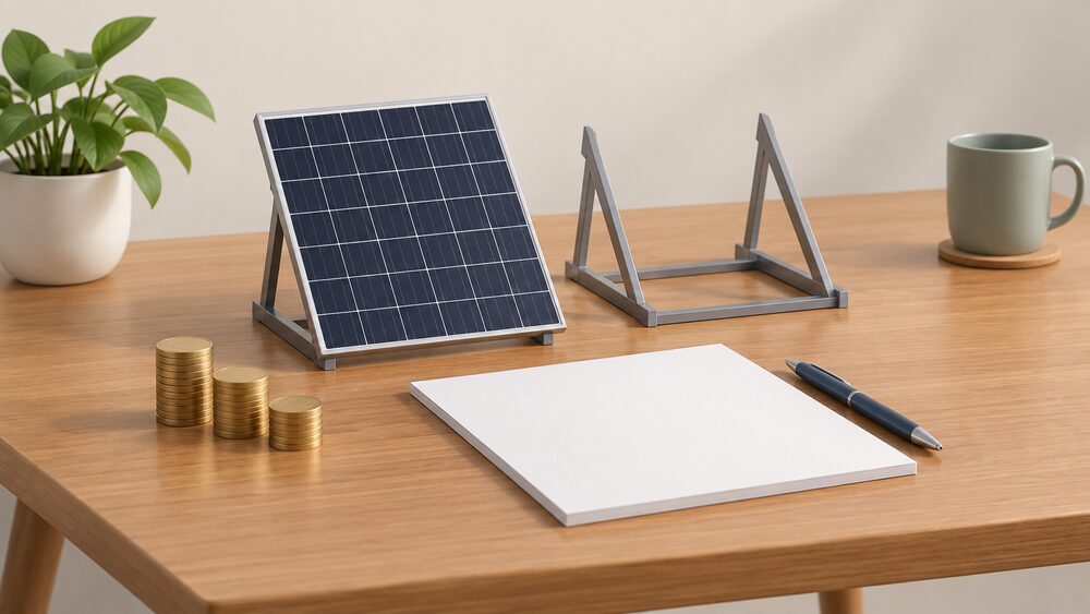 A small model of a dark rectangular rooftop solar panel stands on a wooden table beside blank quotation paperwork, a pen and a small stack of coins, with an empty display stand next to it where a second panel would sit.