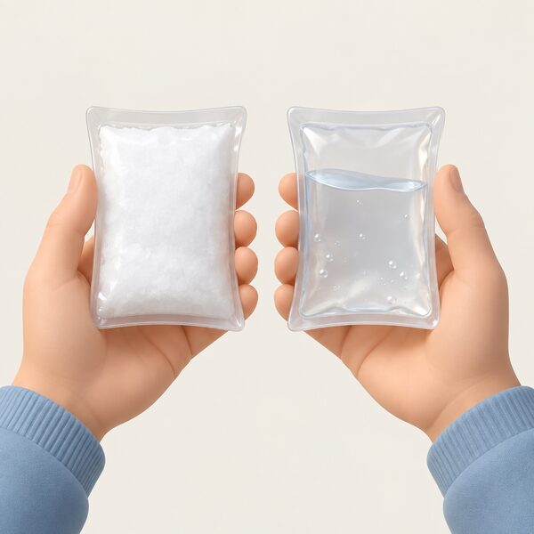 A close-up of two hands holding a small sealed plastic pocket handwarmer, one showing the crystallised salt hydrate inside as a solid pale mass and the other showing it partly melted into a clear liquid, illustrating a phase change material absorbing and releasing heat.