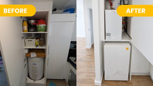 A before-and-after collage of a cupboard in a flat, with an old electric boiler replaced by a white tepeo heat battery unit installed in the same cupboard
