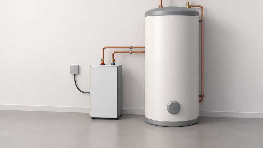 A compact domestic heat battery unit standing on a floor, a slim insulated box with water inlet and outlet pipes and an electrical connection, shown close up beside a much larger conventional hot water cylinder for size comparison.