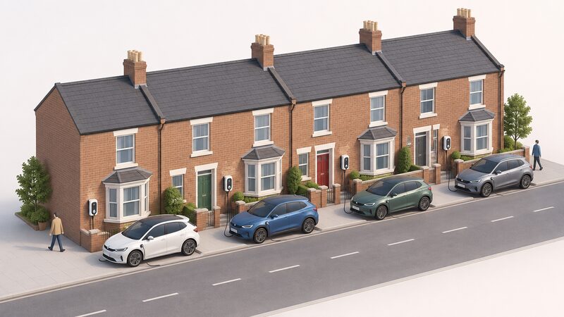 A row of ordinary UK terraced houses with an electric car parked outside each home, each car connected by a cable to a small wall-mounted charger on the front wall of the house.