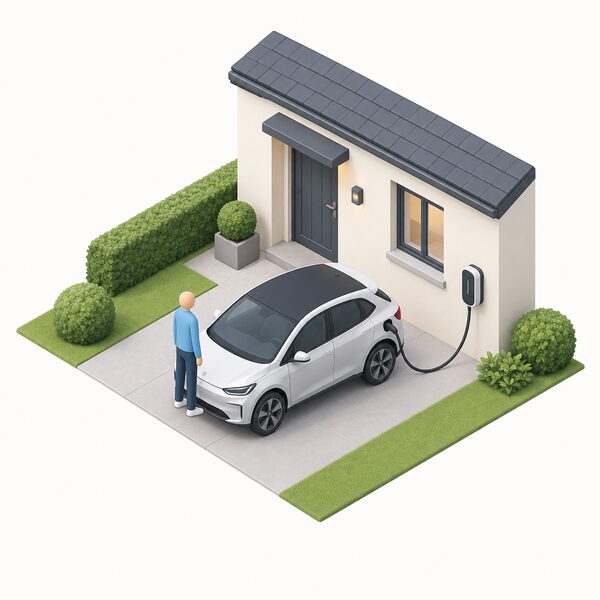 A small isometric figure stands beside an electric car parked on a house driveway, a charging cable running from the car to a wall-mounted chargepoint on the front wall of the house, showing the car and charger a household needs to earn from V2G.