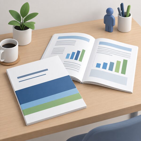 A printed white paper report lying on a desk, its cover showing plain colour bands and blank title lines, with a few pages open to sheets carrying simple bar charts and text blocks, presented as a published document available from Cenex.