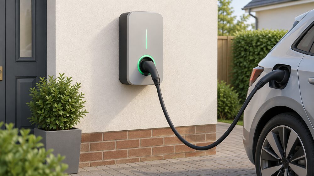 A bi-directional V2G wall charger mounted on an ordinary UK home's exterior wall, with a charging cable running from it to a parked electric car, drawn close up with the charger central.