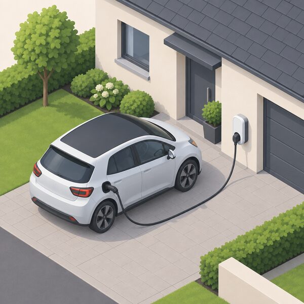 A small electric hatchback parked on a home driveway with a charging cable running from its side charging port to a simple wall-mounted charge point on the house wall, drawn as a plain isometric scene with no readable text or numbers.