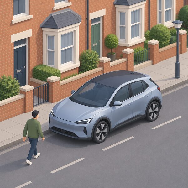 A generic electric car parked at the kerb on a quiet British terraced street, with a small isometric figure of its owner walking towards it, showing one of the many EV models now available to British buyers.