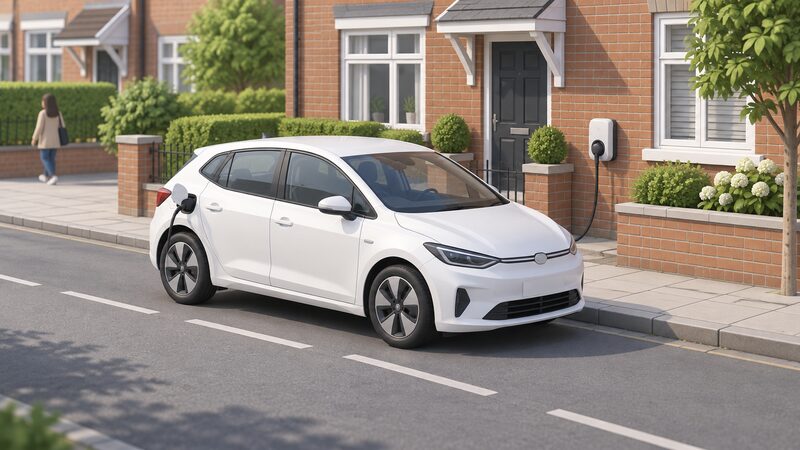 A small white electric hatchback parked at the kerb of a residential street, its charging cable running from the car's side port to a wall-mounted chargepoint on the brick front wall of the house behind it.
