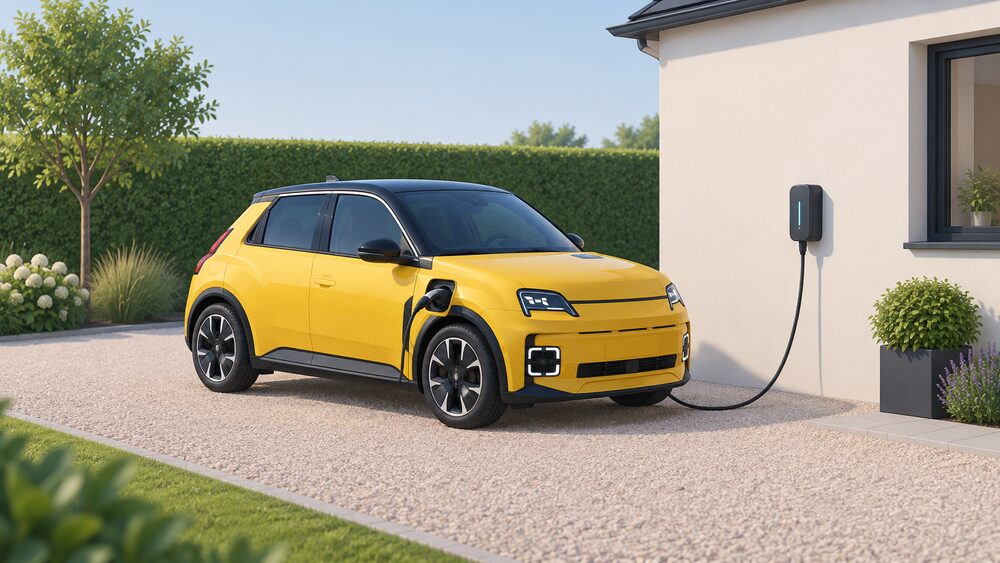 A Renault 5 E-Tech electric car parked on a home driveway, connected by a charging cable to a wall-mounted chargepoint on the house's external wall, with no bidirectional equipment shown.