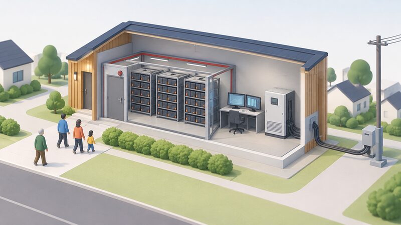 A small community energy hub building shown in cutaway, with racks of second-life battery modules in a contained bay, a monitoring station with screens, an inverter unit and a grid connection cable, while simplified household figures approach the shared facility.