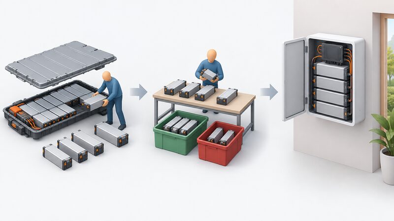 A three-stage diagram showing a flat EV traction battery pack opened and split into individual modules, those modules sorted into accepted and rejected groups at a grading bench, and the accepted modules rebuilt inside a wall-mounted home storage enclosure with a new battery management unit.