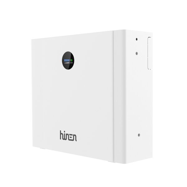 A white Hinen wall-mounted home battery storage unit with a small round status display