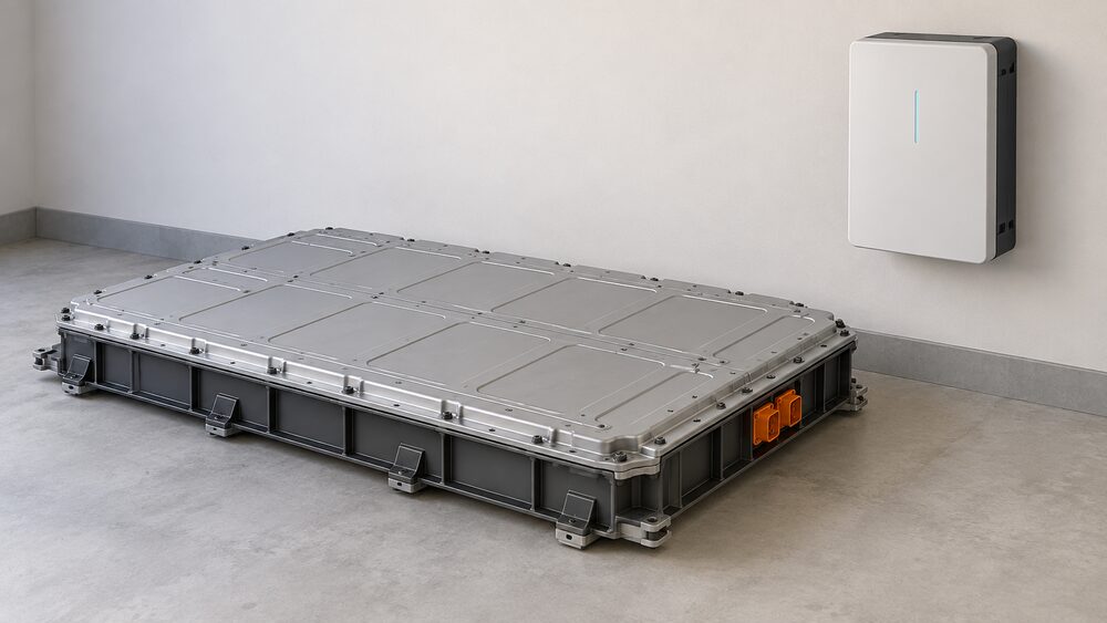A large flat retired electric car traction battery pack resting on a garage floor, with a smaller purpose-built domestic battery unit mounted on the garage wall beside it, both shown close up with no other equipment.