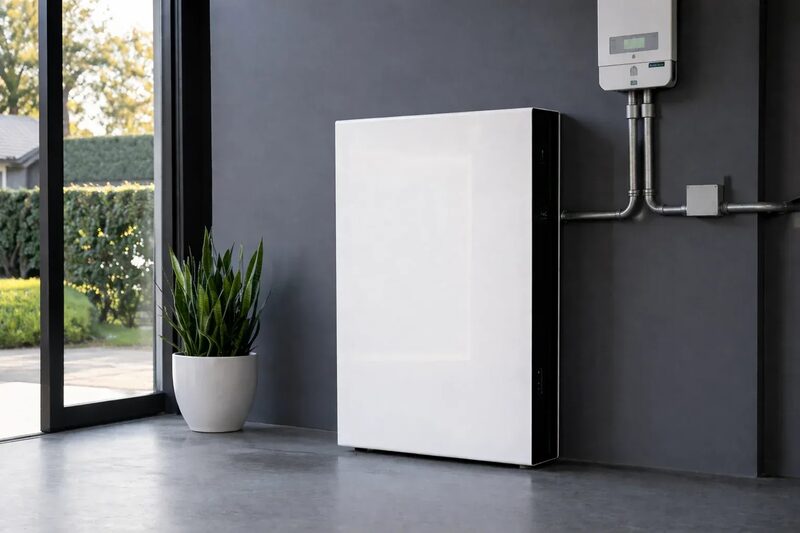 A white wall-mounted home battery storage unit next to an inverter on a dark grey wall, with a potted plant and glass doors to a garden