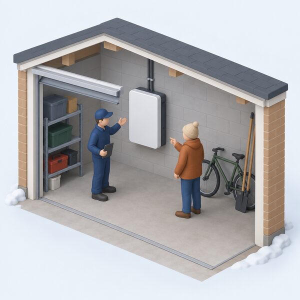 A wall-mounted home battery unit inside a cold, unheated garage, with a small isometric installer figure standing beside it gesturing toward the unit while a householder points at it, showing the conversation about the operating temperature range.