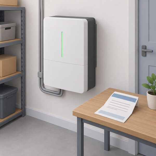 A wall-mounted home battery unit in a plain utility room with a folded guarantee document lying on a small table beside it, drawn as a physical paper with blank lines and plain colour bands so no wording or figures are readable.