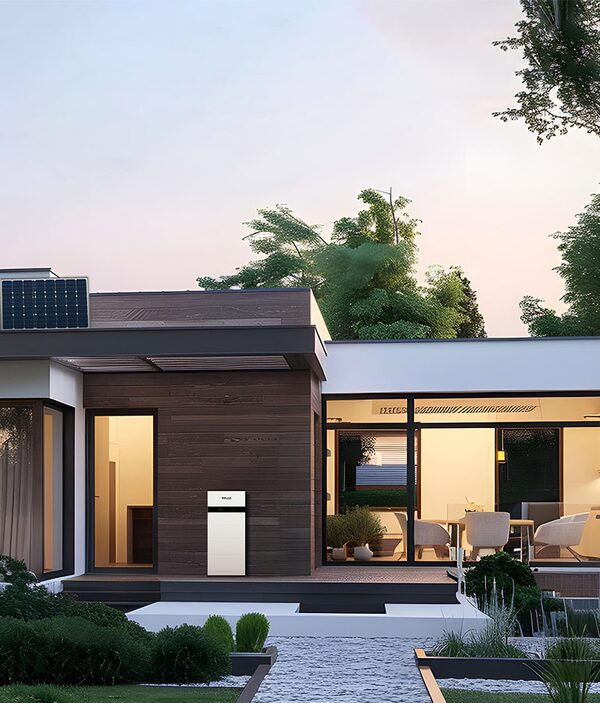 A SolaX home battery storage unit mounted on the exterior wall of a modern house with rooftop solar panels