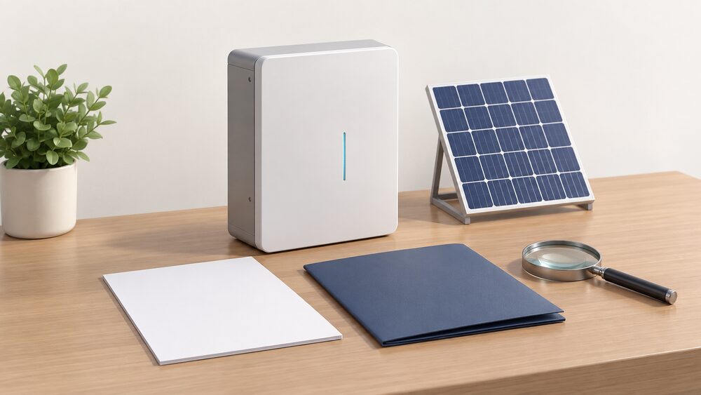 A small model of a wall-mounted home battery cabinet standing on a table beside a blank specification sheet, a blank certificate folder and a magnifying glass, with a small solar panel model behind them.