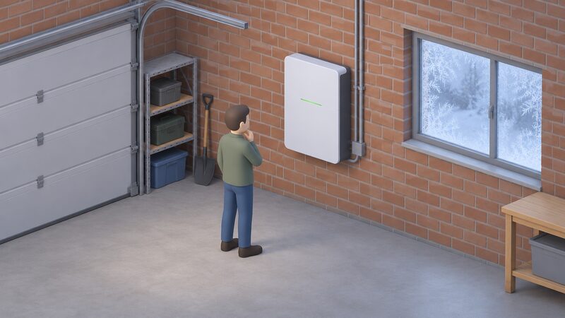 A wall-mounted home battery fixed to the brick wall of an unheated garage, with a small isometric figure glancing at it, frost patterns on the garage window behind showing the cold conditions the battery must operate in.