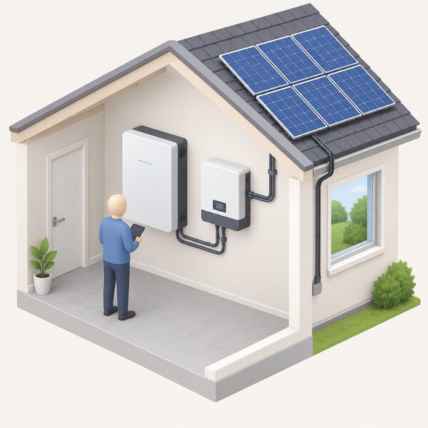 A wall-mounted lithium-ion home battery unit fixed to an indoor wall of a house, connected by cabling to a nearby residential solar storage setup with an inverter and a small solar array shown outside the window, with a simplified figure inspecting the installation.