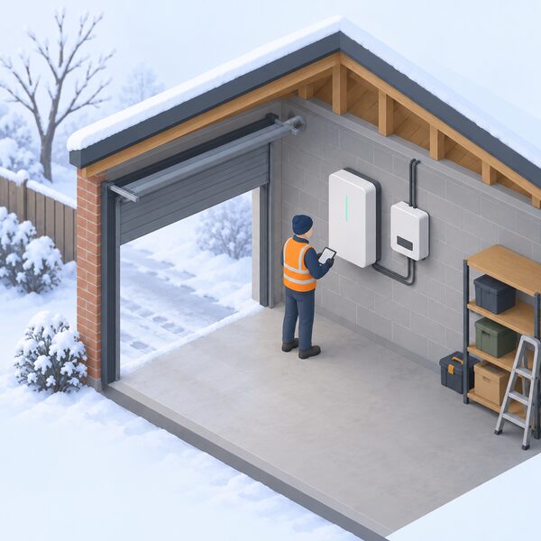 A wall-mounted home battery unit installed inside an unheated domestic garage in winter, with a simplified isometric figure of an installer checking the unit, frosty cold air suggested outside the open garage door and the battery connected to an inverter on the adjacent wall.