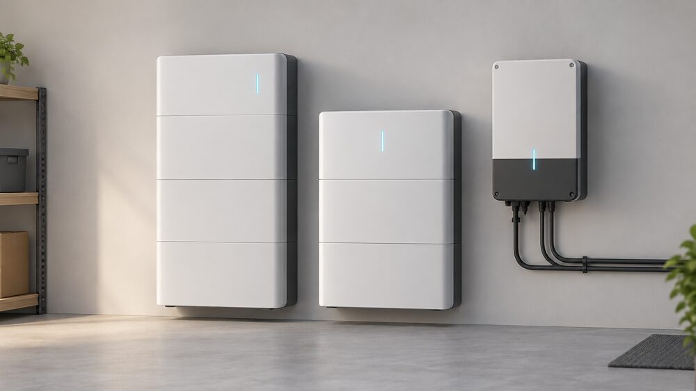Two domestic wall-mounted battery cabinets stand side by side in a sheltered utility space, one slightly taller with a companion inverter unit beside it, both closed with no covers removed, shown close up for comparison.