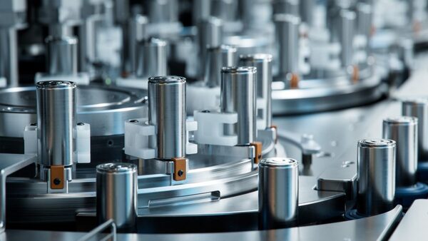 Cylindrical lithium-ion battery cells moving along an automated factory production line
