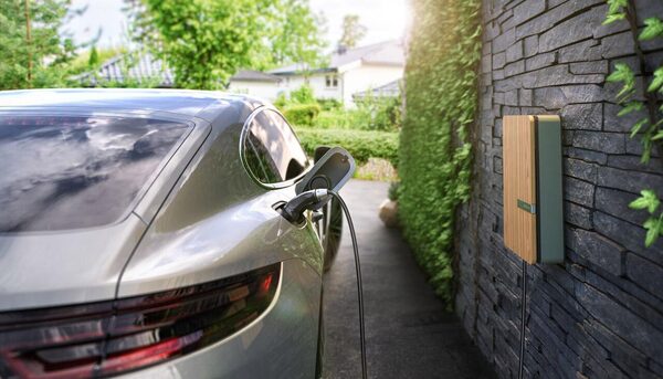 A silver electric car charging from a wooden-cased wall-mounted EV charger on a stone wall outside a house