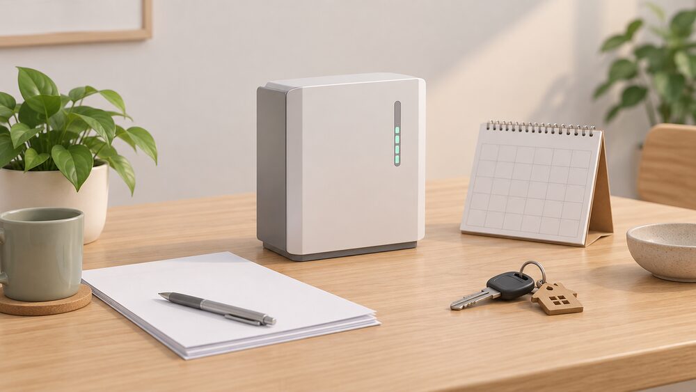 A small model of a wall-mounted home battery standing on a table beside blank paperwork, a calendar and a set of keys, suggesting a household deciding whether to buy a battery available now or wait for a promised future one.