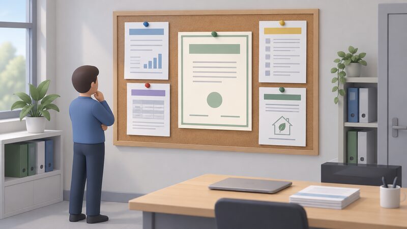 A pinboard wall in a small manufacturer's office holding a printed certificate, several test report sheets and a scheme registration document, all pinned up as a paper trail for a household energy product, with blank lines and plain colour bands instead of readable text.