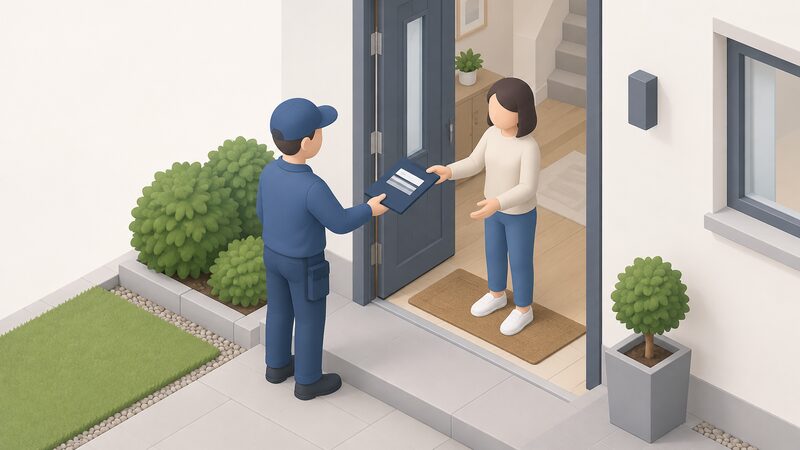 An installer in plain work clothing stands at a householder's front door, handing over a closed folder of commissioning documents, the householder reaching out to take it, with the renewable installation equipment visible in the background inside the home.