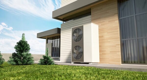 An air source heat pump unit installed outside a modern house on a lawn