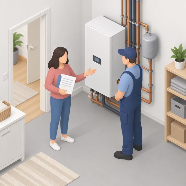 A householder standing in their home holding a folder of installation paperwork, speaking to an installer figure who stands by the recently installed heating or renewable equipment, showing the complaint being raised directly with the installer first.