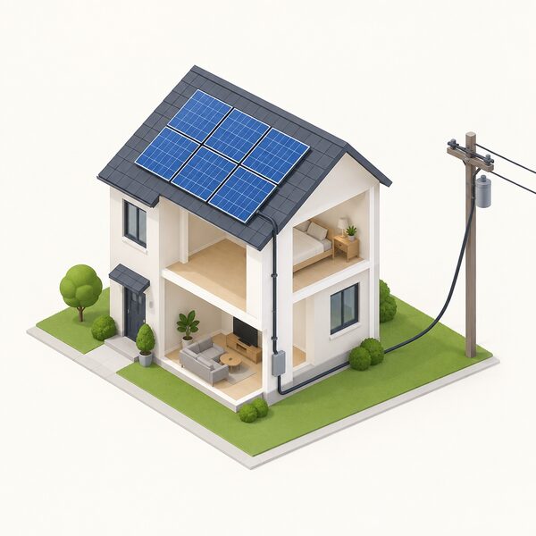 A simplified isometric house with rooftop solar panels, a cable running down from the panels into the house and a connection line from the house to a nearby grid pole, showing the certified system still depending on the grid connection.