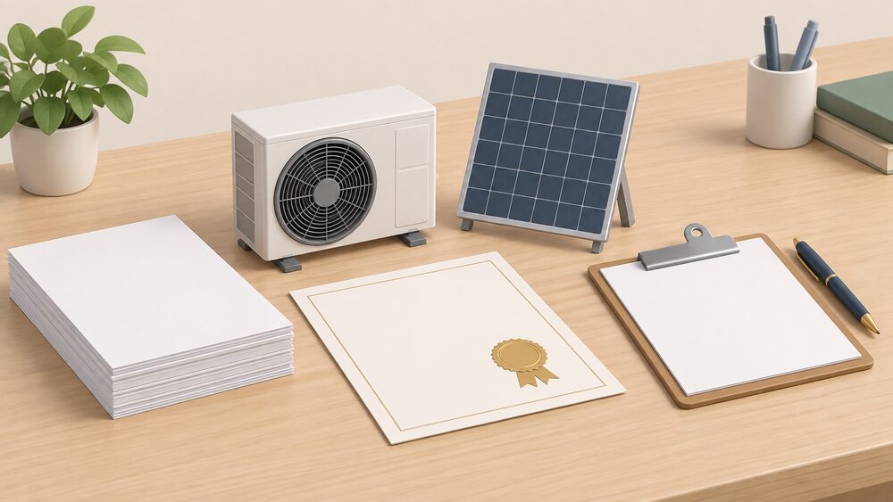A small domestic-scale air source heat pump model and a small solar panel model sit on a desk beside a neat stack of blank documents, a certificate with a blank seal, a clipboard and a pen, arranged as the paper trail behind a certified installation.