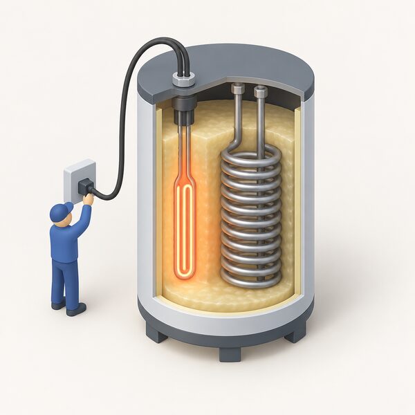 A cutaway view of a thermal battery unit showing an immersed heating element and coiled heat exchanger surrounded by phase change material, with a small isometric figure connecting the element's electrical supply to charge the unit.